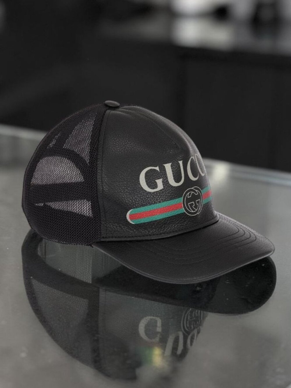 Black Leather GUCCI GG Baseball Cap / Trucker Hat Crypto Mesh w Dust Bag Size M - Picture 6 of 10